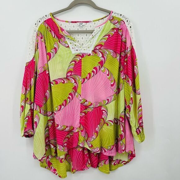 Crown & Ivy Gauzy Pink Lime Green Boho Tunic Top Eyelet Trim Womens Large Flowy - Picture 1 of 8